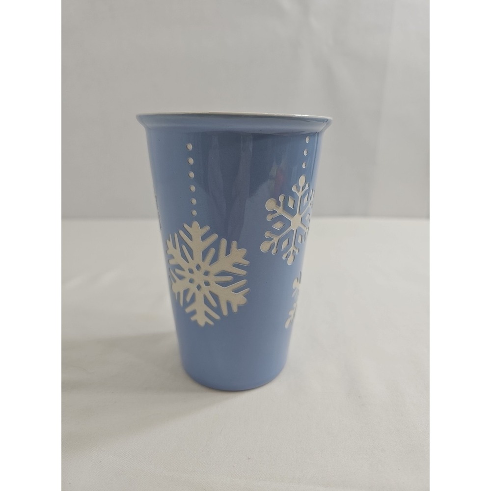 St. Nicholas Square 10oz Travel Mug Blue Snowflakes Ceramic -No Lid